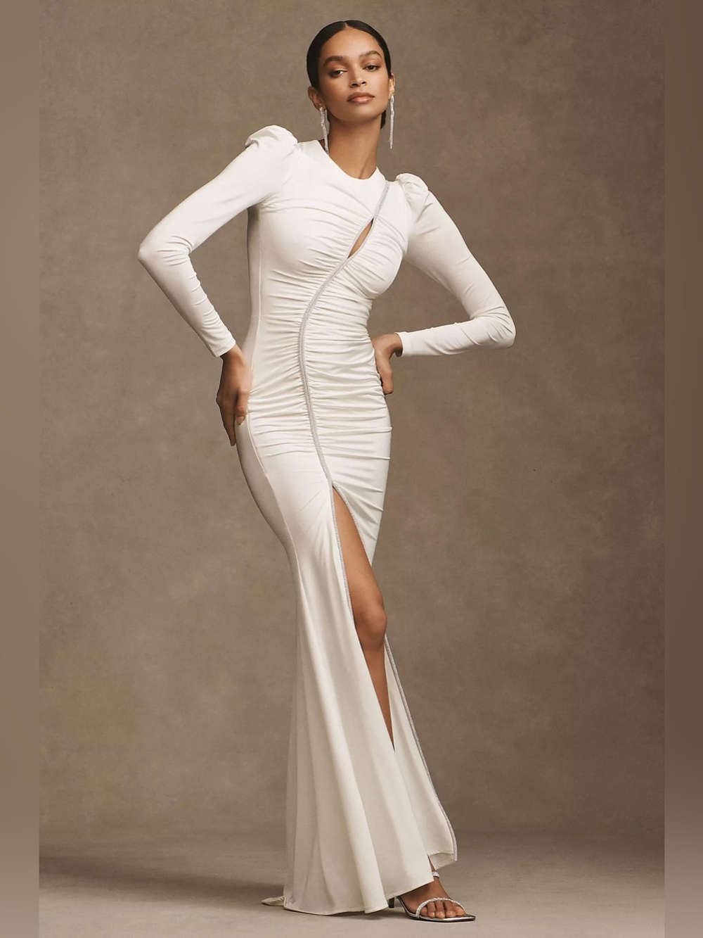 Helsi Chiara Asymmetrical Ruched Puff-Sleeve Side-Slit Gown Ivory sz Small